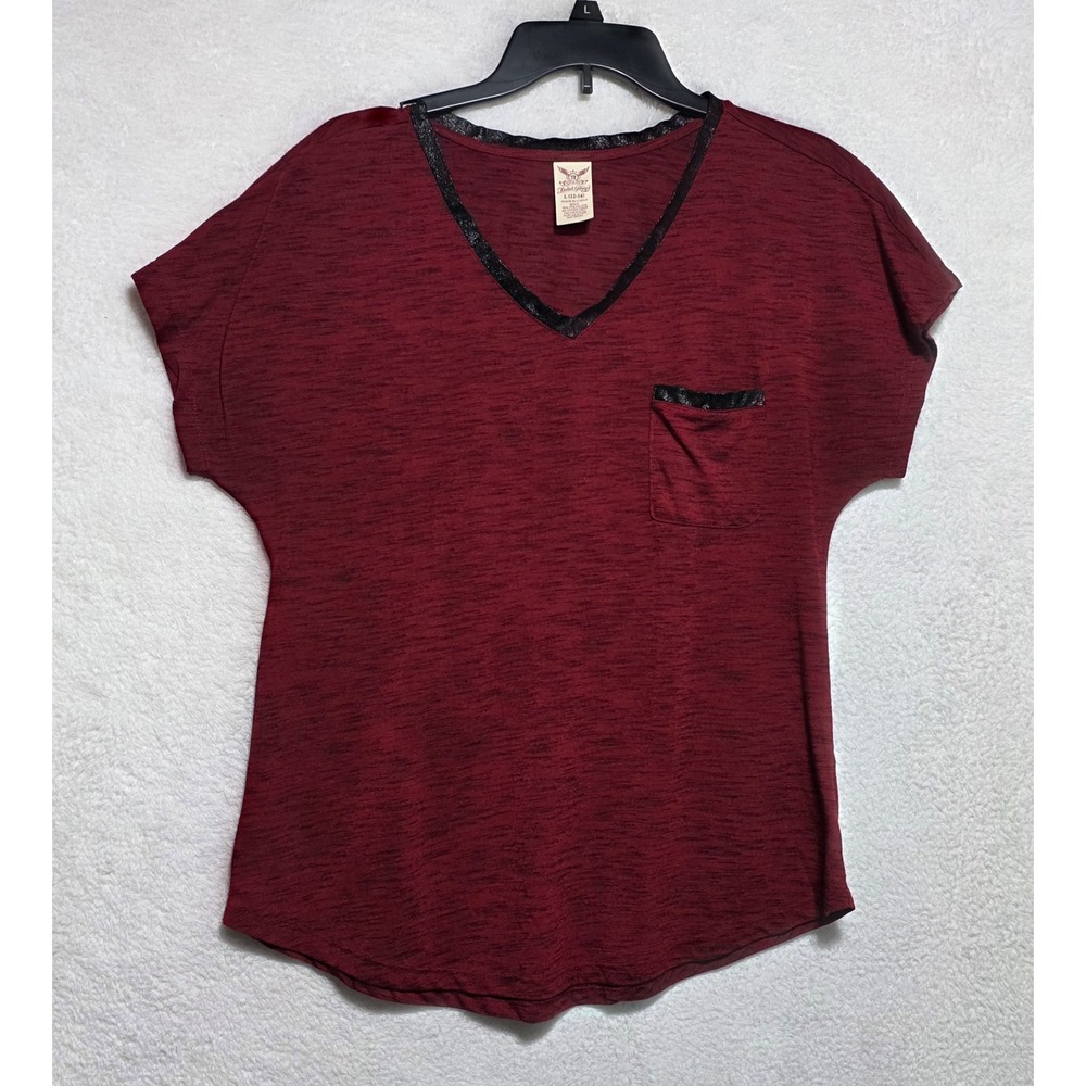 Faded Glory Women's Burgundy Space Dye V-Neck Top Faux Leather Trim Size L 12-14